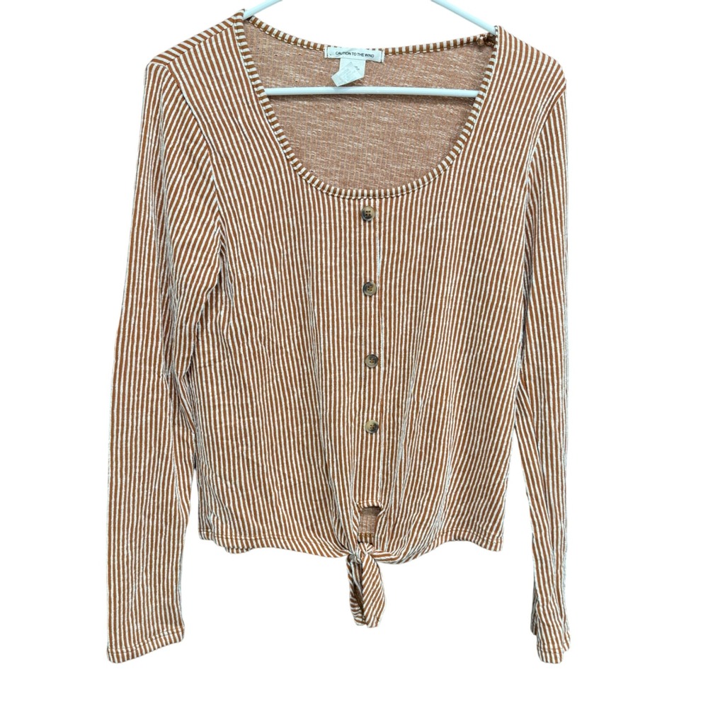 Caution To The Wind Brown Striped Tie Front Long Sleeve Top Womens Size M - Picture 1 of 5